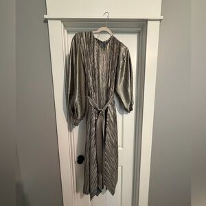 Metallic Silver Asymmetrical Maxi Dress with Tie Waist
